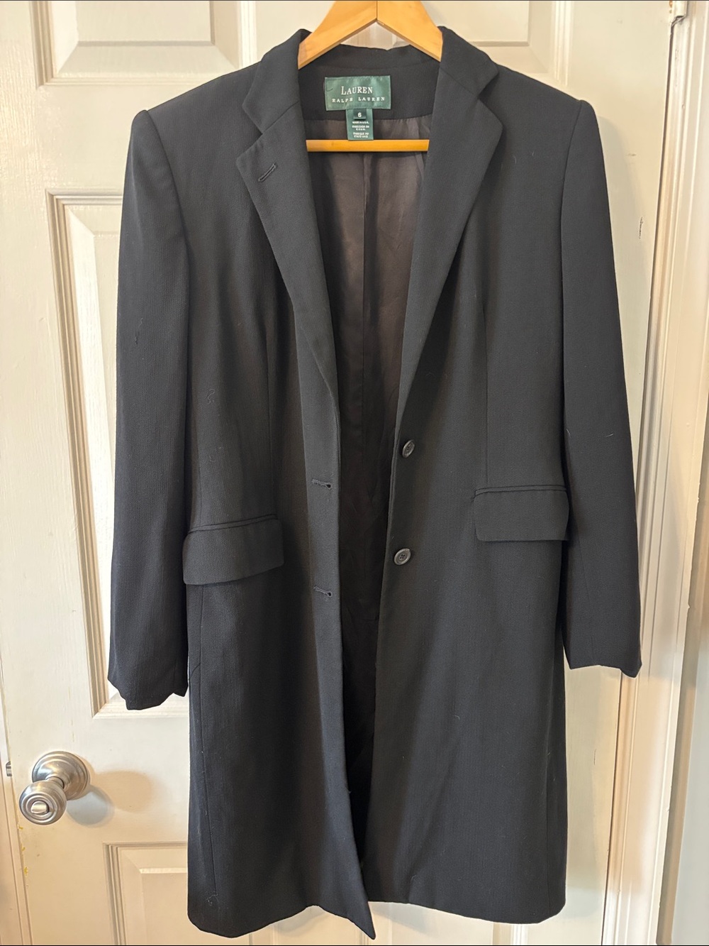 Lauren Ralph Lauren Black Long Dress Coat Jacket- 100% wool